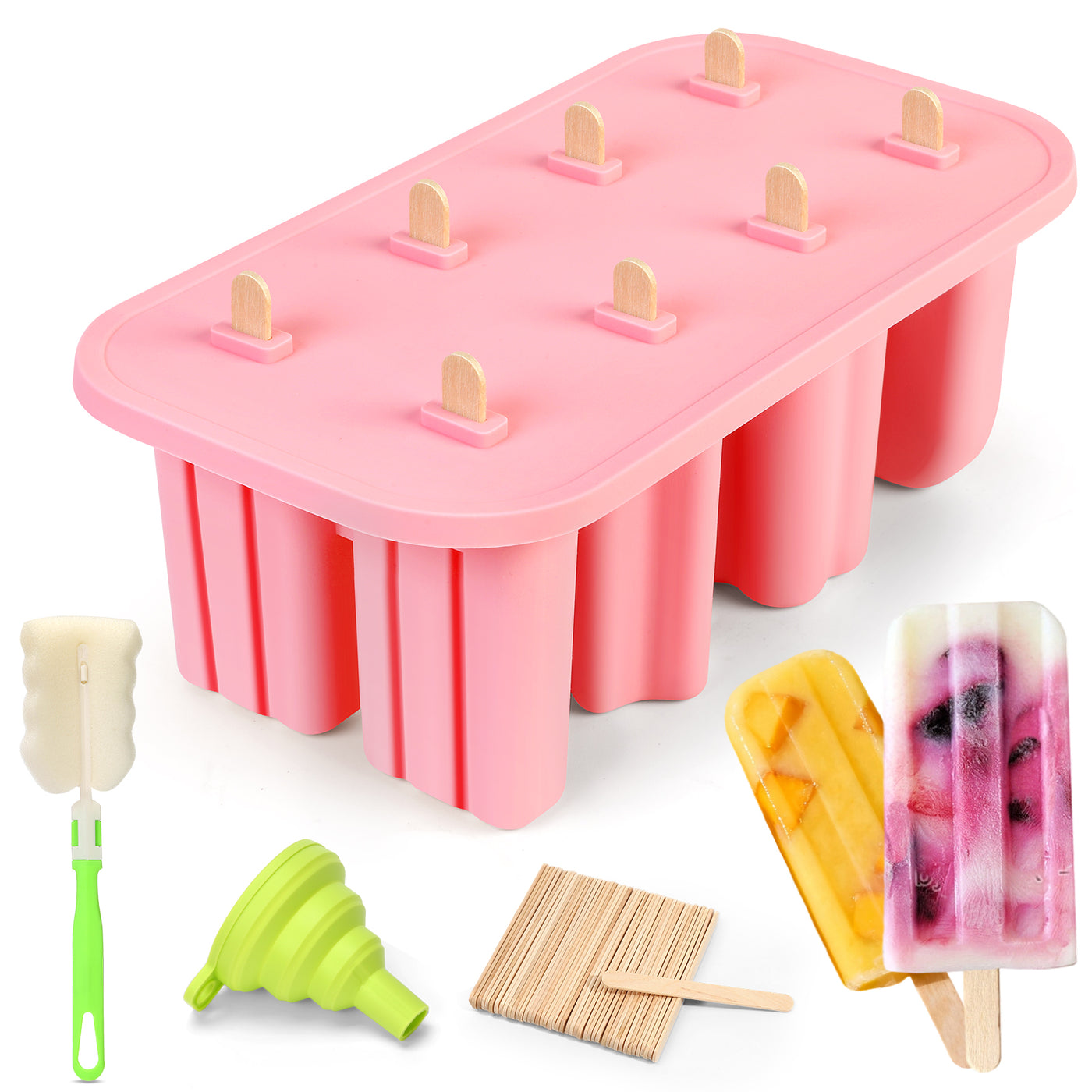 Pink silicone popsicle mold set with 8 cavities, wooden sticks, funnel and cleaning brush
